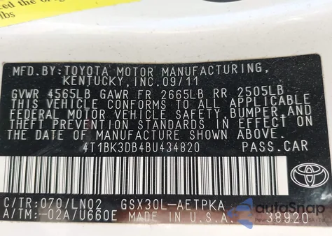 2011 Toyota Avalon Limited from USA, damaged, VIN 4T1BK3DB4BU434820